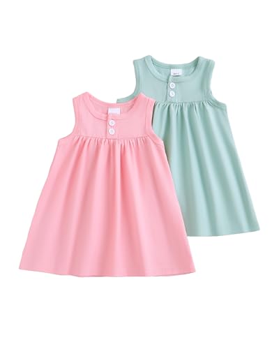 Aura Vane Infant Baby Girl Spring Summer Dress Clothes 3 6 9 Months Newborn Girl Dresses 2 Pack Round Neck Pink Green Dress for Baby Girls