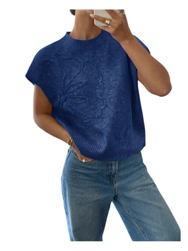 GORGLITTER Women's Flower Cap Sleeve Sweater Vest Crew Neck Knit Pullover Tank Top