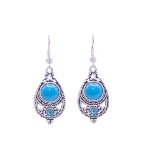 ZARZAMORA Pendientes Mujer Piedra Natural Colgantes Estilo Bohemio Vintage -Pendientes Plata Tibetana Acabado Envejecido Gancho Platino- Amuleto protector Gema Natural (Turquesa)
