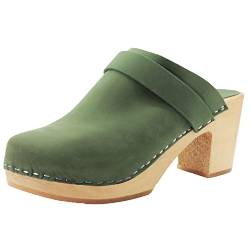 BJORK Swedish Comfort Women's Tia Wooden Slide Clogs - Forest Leather (EU-40)