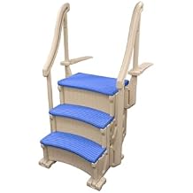 Confer Plastics Curved Drop-in Inground Pool Step 3 Tread Stair Entry System w/ 2 Handrails & Adjustable Mounting Brackets - Base Step, Blue Treads