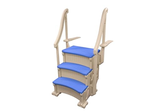Confer Plastics Curved Drop-in Inground Pool Step 3 Tread Stair Entry System w/ 2 Handrails & Adjustable Mounting Brackets - Base Step Blue Treads