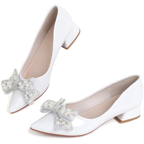 Image of Women's Pumps Low Chunky Block Heel Rhinestone Closed Pointed Toe Comfortable Slip on Work Dress Shoes for Office