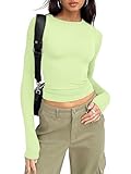 OOHOKAY Women's Regular-Fit Long-Sleeve Essential Crew Neck Slim-Fit T-Shirt Y2K Top(Lime Green-L4,M)