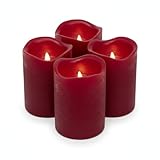 ToCi 4 x LED Kerzen Dunkelrot Ø 7,5 x 10 cm – Flammenlose Echtwachskerzen mit flackerndem Licht & Timer - LED-Stumpenkerzen mit An-/Ausschalter - Batteriebetriebene Dekokerzen für Advent & Zuhause