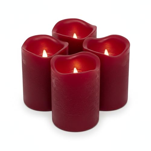 ToCi 4 x LED Kerzen Dunkelrot Ø 5 x 7 cm – Flammenlose Echtwachskerzen mit flackerndem Licht & Timer - LED-Stumpenkerzen mit An-/Ausschalter - Batteriebetriebene Dekokerzen für Advent & Zuhause