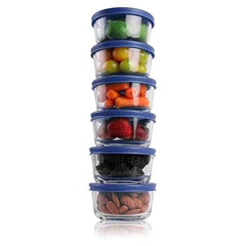 BOVADO USA 1 Cup Glass Food Storage Containers (6 Pack) | Nonpourous Dishwasher, Freezer & Oven Safe Glass, Easy-Clean | Blue Lids Cover
