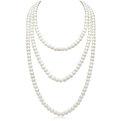 Jidyllic Collier de Perles Art Déco, 150 cm, Perles d'Imitation Blanc, Plastique ABS, Unisex Adulte