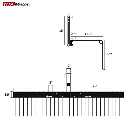 YITAMOTOR 72 Inch Durable Powder Coated Steel Pine Straw Rake Steel Spring Landscape Rake Attaches to Cat 0 Cat 1，3 Point Hitch for Tractor, Black Grey