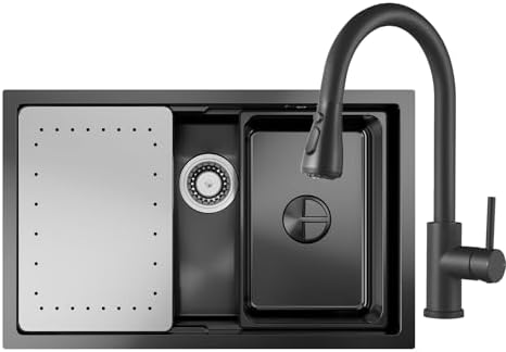 CECIPA Fregadero de cocina negro 70 x 44 cm con grifo extensible,...