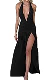 Memoriesea Women's Sexy Halter Deep V Neck High Slit Ruched Party Cocktail Maxi Dress Black