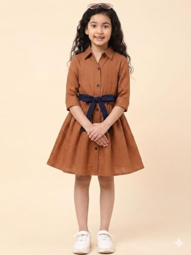 Image of A.T.U.N. (ALL THINGS UBER NICE) Girls 100% Cotton Shirt Dress with Belt | Solid Button-Down Dress with Collar Neck | Soft Breathable Kids Outfit for Girls