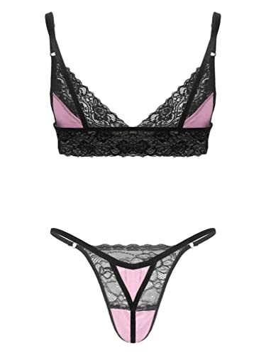 Men's Sissy Satin Lace Trim Lingerie Set Wireless Bra Top Mini Crossdress Thong Nightwear2