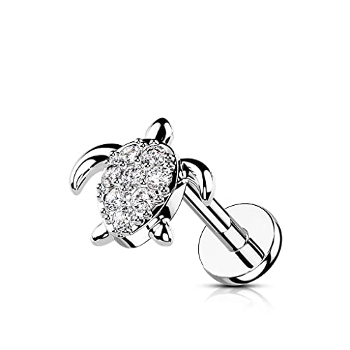Dynamique Cz Paved Turtle Internally Threaded 316L Surgical Steel Flat Back Studs For Labret, Monroe, Cartilage And More (Sold Per Piece) #TOP25