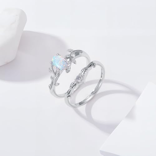 1ct Oval Opal Engagement Rings for Women Genuine Opal Rings Set 925 Sterling Silver 2pcs Art Deco Vine Leaf Wedding Ring Sets Anniversary Promise Ring3