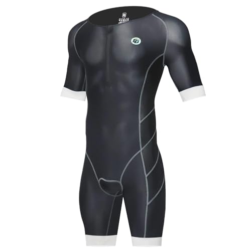 CGLRybO Mens One-Piece Short Sleeve Triathlon Suit - Skin-Tight Ideal for Running Cycling Swimming - Best for Ironman Racing