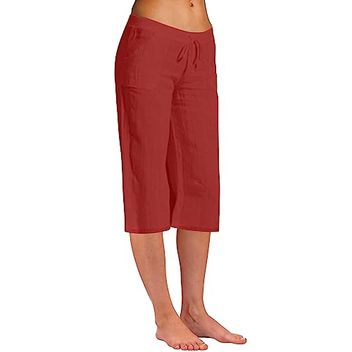 Linen Trousers Drawstring Oversized Cropped Trousers for Women UK Pull On 3/4 Length Straight Leg Pants Lounge Breathable Three Quarter Bottoms Comfor