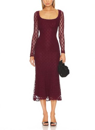 Capuffy Women's Sheer Mesh Long Sleeves Maxi Dress Floral Lace Bodycon Dress Square Neck Mermaid Wedding Guests Dresses 4573