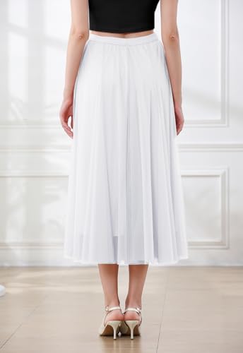 SANGTREE Women's Tulle Skirts, Elastic High Waist A Line Basic Long Tutu Layered Mesh Maxi Swing Skirt White, X-Small3
