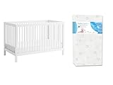 Oxford Baby 2 PC Nursery Set Essentials Island Full Size 4-in-1 Convertible Baby Crib with Round Spindles, White Perfect Comfort 2-Stage Crib Mattress & Toddler Mattress