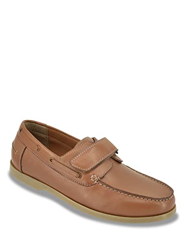 Pegasus Men's Wide Fit Leather Touch Fasten Boat Shoe, Adjustable Strap, Cushioned Insole with Stylish Lace Detailing Tan 7