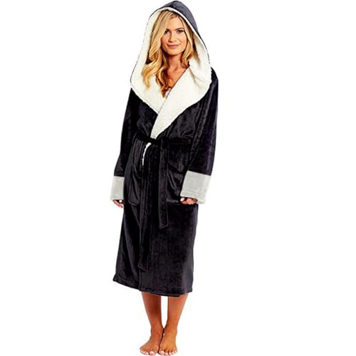 Hiseng Albornoz Mujer Bata Mujer Invierno Color Sólido, Batas de Casa de Polar Larga Suave y Grueso con Bolsillos y Cinturón Albornoz de Baño con Capucha Cálido Ideal, Sauna Casa (Negro,L)