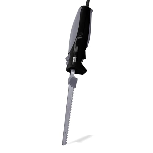 Knife sharpening process showing manual sharpener and blade edge