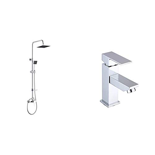 DP Grifería - Set de ducha extensible con grifo monomando incluido, color plateado, modelo Azabache + Grifería - Grifo monomando de lavabo, color plateado, serie Arce