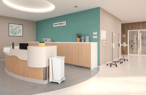 Image of Rubbermaid Commercial Products Defenders Biohazard Steel Trash Can, Step-On, 25 GAL, White, Hospital /Doctor's Office /Healthcare Facilities