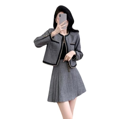 Ensemble tweed femme vintage avec veste manches longues et jupe plissée élégante