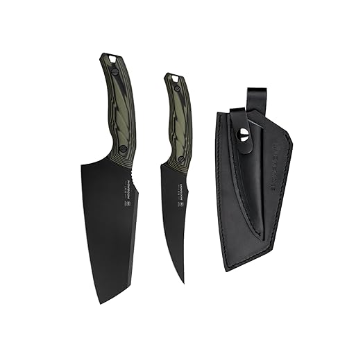 OREMAKE Monsoon Outdoor Knife Set, Set de couteaux avec étui en cuir Lames en acier, Poignées G10 vertes Couteau de 6 pouces + Couteau utilitaire de 5 pouces Pour le Camping, BBQ