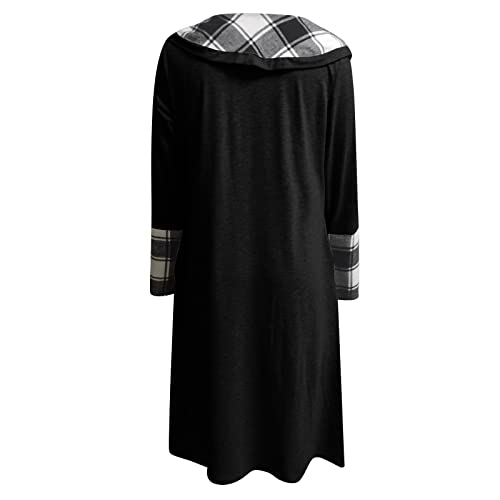 Qufech Green Dress, Fall Fashion For Women 2022 Formal Dresses Plus Size Work Party Dress Women's Plaid Stitching Button Pockets Pile Neck Long Sleeve Dress Dresses Women's Longsleeved (L, Black) #TOP4