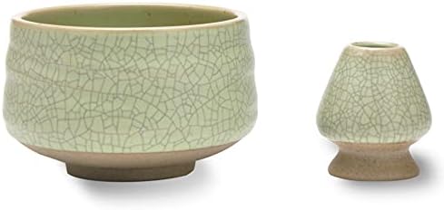 TEANAGOO Chawan Matcha Tea Bowl and Matcha Whisk Rest, Chasen Holder MB-6, 18OZ / 510 ML, Matte Light Green with Black Seam, 2 pcs/Boxes.Handle Mixing Wisk Stand, Match Sifter Whisker Handmade Brush…