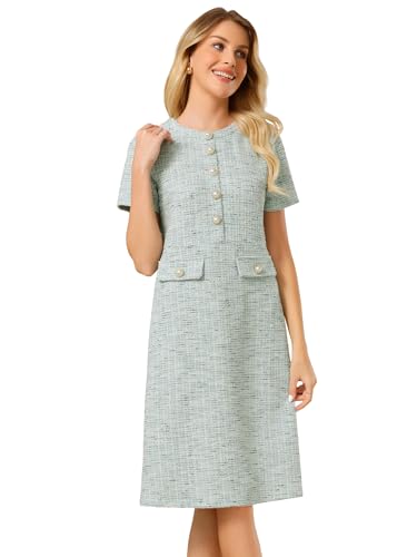Hobemty Vestido de Tweed para Mujer, Elegante Vestido de Trabajo de Manga Corta con Botones Decorativos Azul Verde L