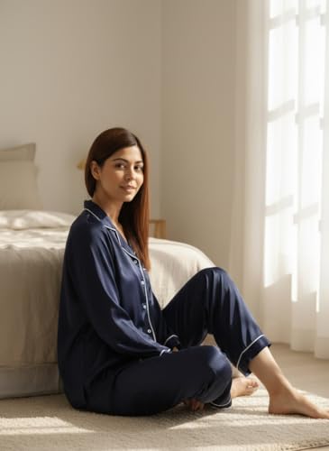 Image of STORIES OF BANNO'S SWAGGER Women Satin Solid Night Suit Set | Premium Soft Satin Nightwear Pajama Set | Stylish Comfortable Sleepwear for Ladies | Elegant Lounge Wear Night Dress