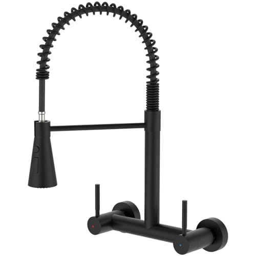 Matte Black Wall Mount Kitchen Sink Faucet 2 Handles, 8 Inch Center Wall Commercial Utility Sink Faucet with Pull Out Sprayer 3 Modes, Stainless Steel