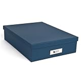 Bigso Oskar Fiberboard Label Frame Document Letter Box - File Organizer Box for Important Paperwork - Document Storage with a Lid & Metal Label Window - 3.3 in x 10.2 in x 13.8 in - Dark Blue
