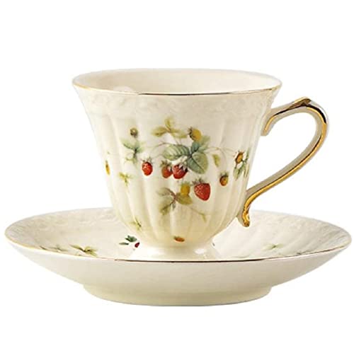 FülleMore Kaffeetasse Set Porzellan Espressotasse mit Untertasse 150ml Mokkatassen Cappuccino Tasse Nachmittagstasse mit Goldrand für Restaurant Familie (Erdbeere-Muster)