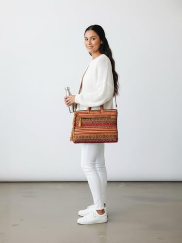 Image of The House of tara Office Laptop Bag for Women 13.3 And 15.6 Inch | Ideal For Office & Travel | Multicolour Embellished Handloom Fabric | MacBook Messenger Business Bag for ladies