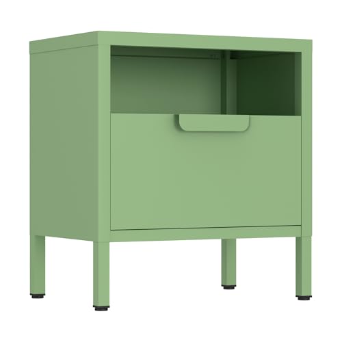 Brigros - Comodino Camera Da Letto Moderno In Metallo Con Cassetto E Ripiano Aperto 45x35x50 Cm, Comodino Piccolo Colorato Per Cameretta O Camera Matrimoniale Design Moderno (Salvia)