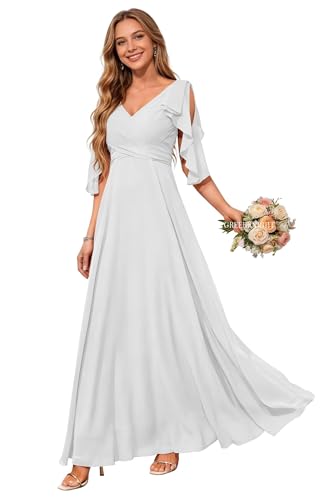 Image of Women Bridesmaid Dresses with Sleeves for Wedding V Neck Chiffon Long A Line Pleated Formal Evening Gown