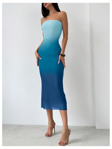 Image of GORGLITTER Women's Sunset Ombre Strapless Cocktail Bridal Shower Midi Dress | Orange Wedding Guest Dress, Mesh Tube Dress, Bridesmaid Dresses, Vacation Beach Sundresses,