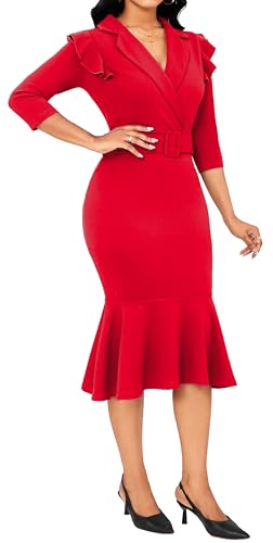 Image of Women's Vintage Pencil Dress Wear to Work | Sexy 3 /4 Sleeve V Neck Mermaid Dress for Women Business Cocktail Party Wedding