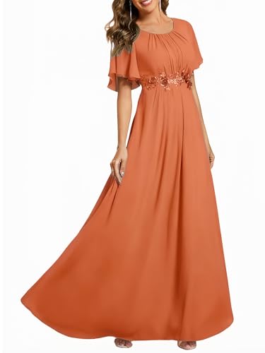 Image of Ever-Pretty Women's Classic Round Neck Pleated Short Sleeves Chiffon Appliques Floor Length A Line Formal Evening Dresses