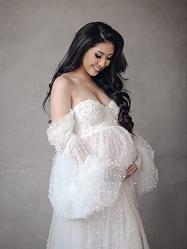 Qqcute Ivory Tulle Maternity Robe For Photoshoot Puffy Sleeve Bridal Lingerie Nightgown Off Shoulder Pregnancy Dress For Baby Shower(S-M) #TOP3