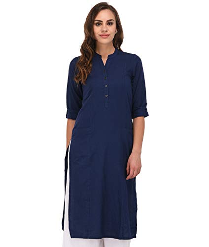 Image of Pistaa's Women's Cotton Relaxed Fit Straight Solid Kurta With Two Patch Pockets