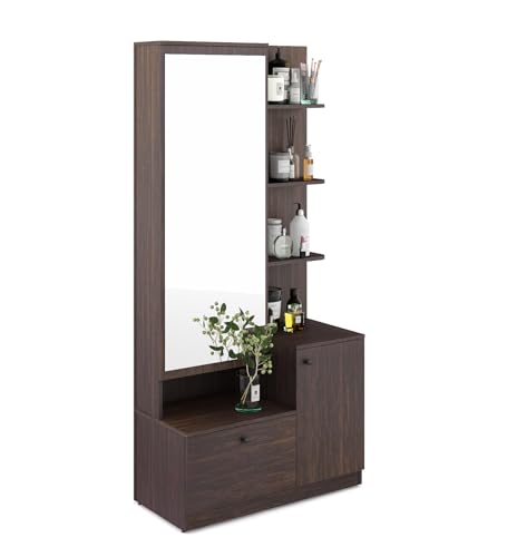 Image of Nexivo Dressing Table | Choco Walnut Finish | Including Mirror, Storage Drawers & Shelves | Knock Down Assembly | 36 Months Warranty