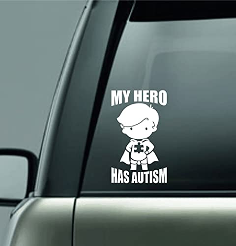 Autism Boy Vinyl Decal Sticker My Hero Has Autism Autistic Awareness for Car, Truck, Van, SUV, Window, Wall, Laptop, Door (White)