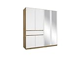 Mit modernen Farbkombinationen und dem außergewöhnlichen, asymmetrischen Design der Schrank-Fronten wird der Kleiderschrank zum absoluten Eyecatcher. Die weißen Oberflächen im Zusammenspiel mit dem großflächigen Spiegel auf der Front des Schrankes strahlen Helligkeit und keit aus.