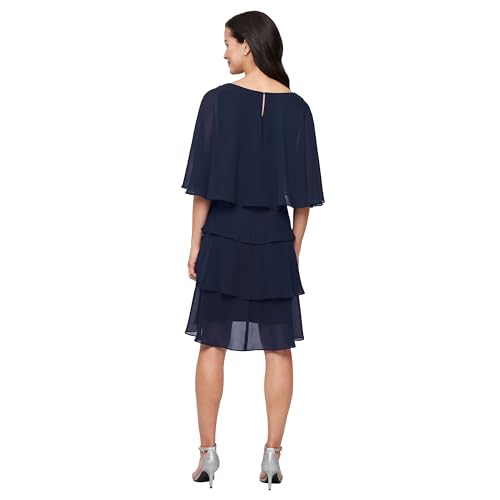 S.L. Fashions Women's Tiered Chiffon Cocktail Party Dress with Attached Cape & Beaded Shoulders (Petite and Regular Sizes)2